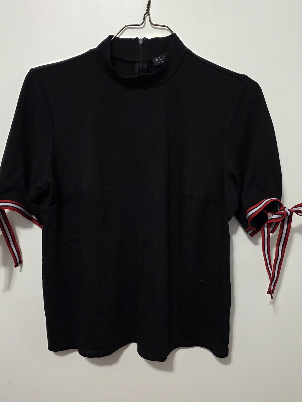 Eloquii Black Mock Neck Short-Sleeve Top with Red and White Tie Sleeves